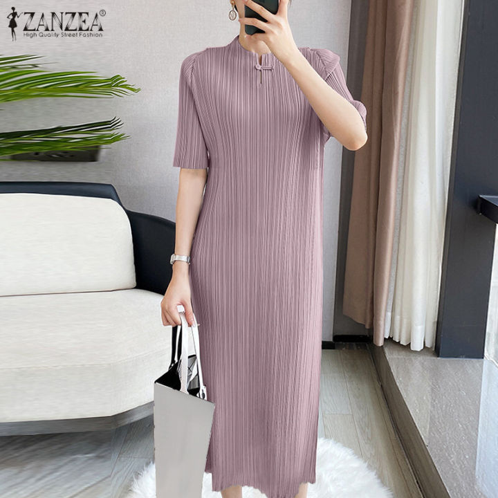 ZANZEA Womens Chinese Style Elegant Plain Short Sleeve Slims Fit Pleated Midi Shift Dresses #11