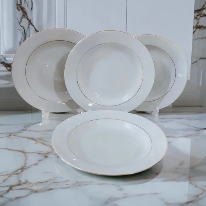 6%20Pcs%20Ceramic%20Deep%20Dinner%20Plate%20Set%209"Inch%20,%20Deep%20Rice%20Dinner%20Plate,%20White%20Color%20With%20Golden%20Line%20print.%20Microwave%20oven%20save,Dishwasher%20Save,Dining%20Plate%20Set.%20-%20Image%202