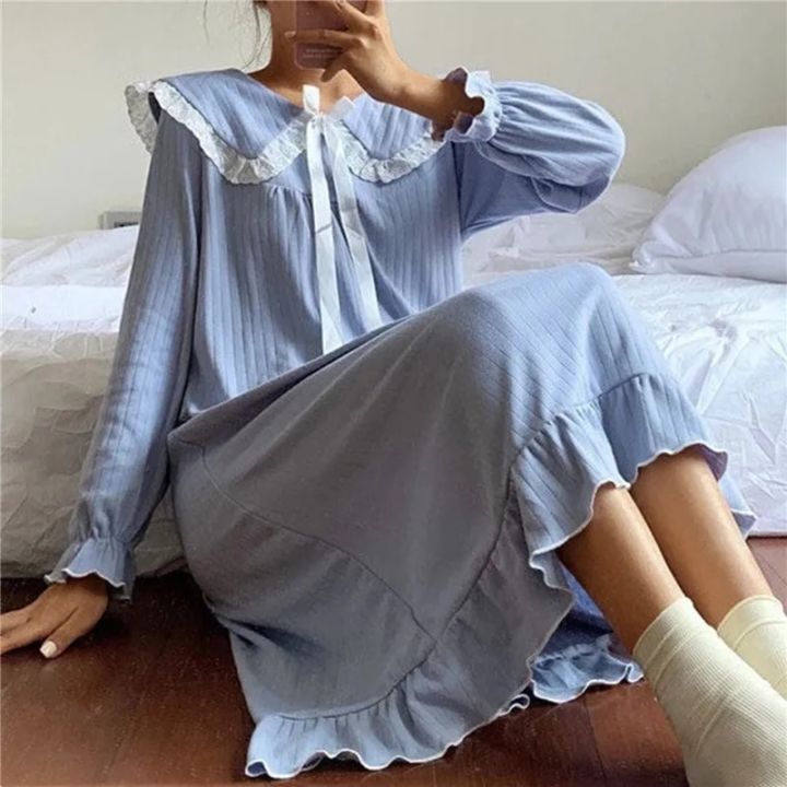 2024%20New%20Korean%20Ruffles%20Night%20Dress%20for%20Women%20Lace%20Sleepwear%20Womens%20One%20Piece%20Pajamas%20Autumn%20Long%20Sleeve%20Square%20Collar%20Wear%20Home%20-%20Image%204