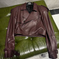 Biker Burgundy Leather Jacket Women Short Autumn Jacket Leather Fashion Shoulder Pad Jacket. 