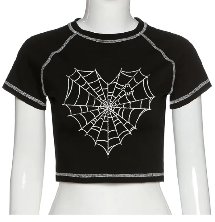 Summer%20American%20clothing%20Cute%20Women%20grunge%20T-shirt%20Ulzzang%20y2k%20Slim%20O-neck%20short%20tees%20dark%20spider%20web%20print%20Streetwear%20Corp%20tops%20-%20Image%205
