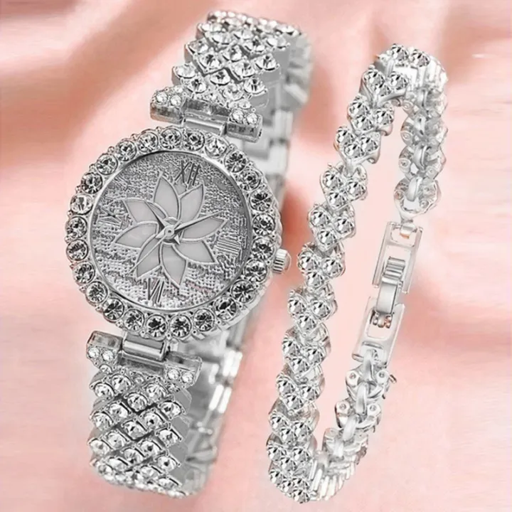 Fashionable%20Flower%20Design%20Stone%20Quartz%20Watch%20&%20Bracelet%20For%20Women%202Pcs%20Set%20-%20Image%203