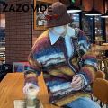 ZAZOMDE Winter Rainbow Color Contrast Jumper Oversize Cardigan Sweater Knitwear Men Loose High Street Couple Stripe Sweater Coat.