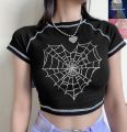 Summer American clothing Cute Women grunge T-shirt Ulzzang y2k Slim O-neck short tees dark spider web print Streetwear Corp tops.