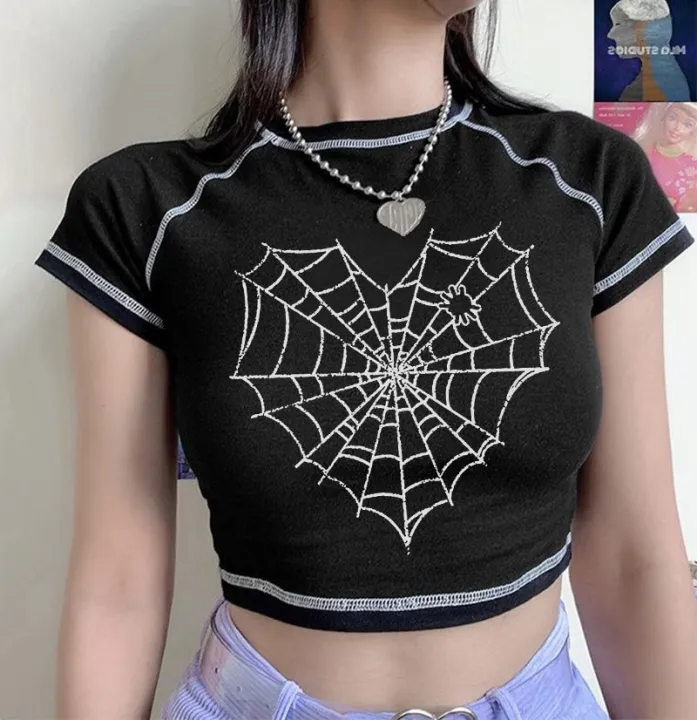 Summer%20American%20clothing%20Cute%20Women%20grunge%20T-shirt%20Ulzzang%20y2k%20Slim%20O-neck%20short%20tees%20dark%20spider%20web%20print%20Streetwear%20Corp%20tops%20-%20Image%203