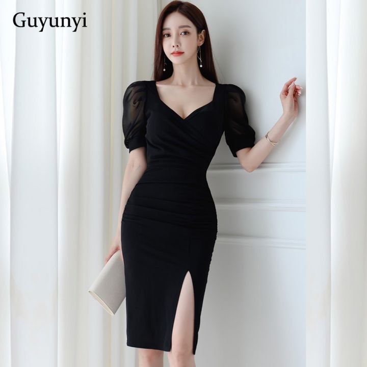 Black Elegant Office Lady Dress 2022 Summer Korean Version High Waist Tight  Dress V-Neck Puff Sleeve Women Party Dress | Daraz.com.bd