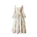 French Elegant Floral Midi Dress Chiffon Long Sleeve Evening Party Dress Woman Beach Fairy One Piece Dress Korean 2023 Summer. 