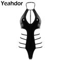 Womens Bodysuits Halter Neck Sleeveless Low Back Side Cut Out Wet Look Patent Leather Leotard Bodysuit One-piece Clubwear. 