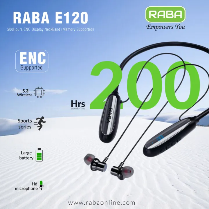 Rabivere Raba RABA E120 200Hours ENC Display NeckBand (Memory Supported) | Daraz.com.bd