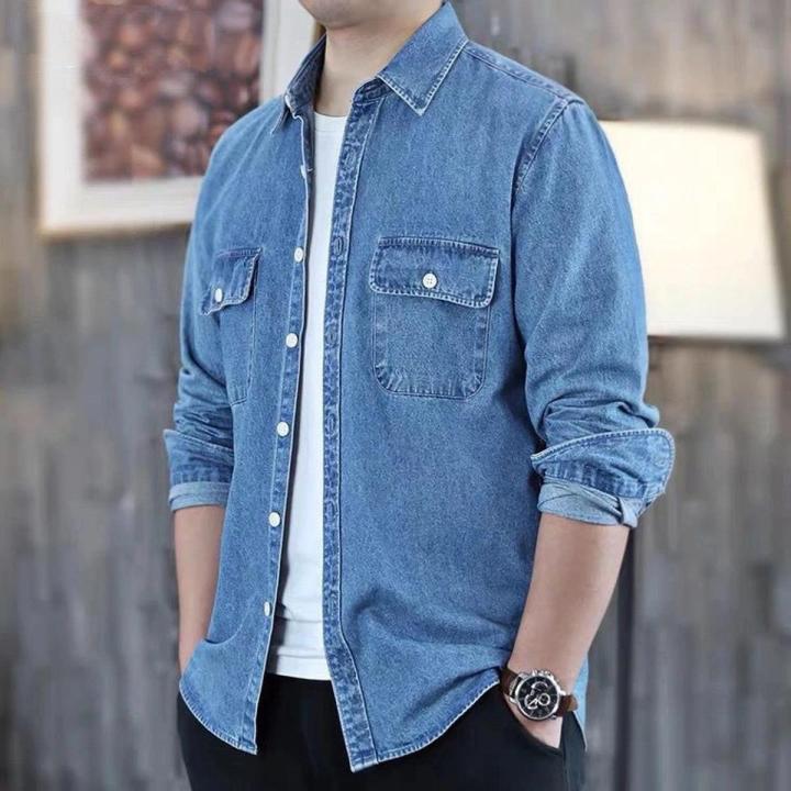 Autumn Clothes Men's Autumn and Winter Denim Shirt Denim Cargo Pants Shirt  Loose Large Size Multi-Pocket Casual Shirt