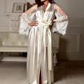Women Silk Satin Night Robe Nightgown See-through Long Sleeve Lace Gown Bathrobe Dress for Women Wedding Nightdress Lngerie.