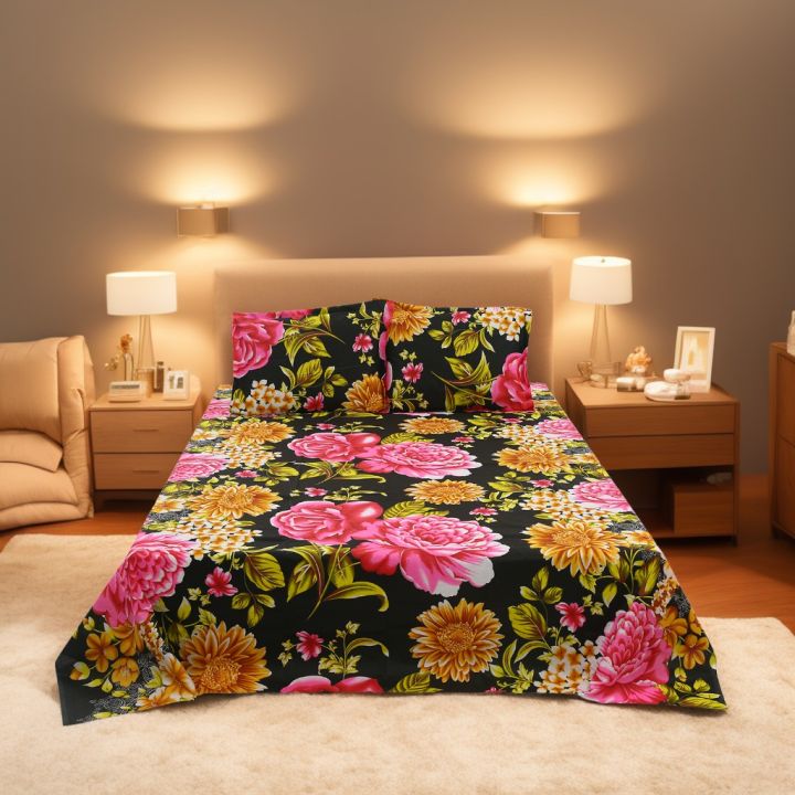 Double King Size Bed Cotton Fabric Print with Two Pillow Covers in Different Colors - Elevate Your Bedroom Decor with This Stylish