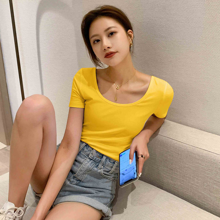 Black%20T%20T-shirt%20Women's%20Short%20Sleeve%20Tight%20Cotton%20Low-Neck%20Slim%20Fit%20Big%20Neckline%20Backless%20u%20Collar%20Top%20Bottoming%20Shirt%20Short%20Summer%20-%20Image%206