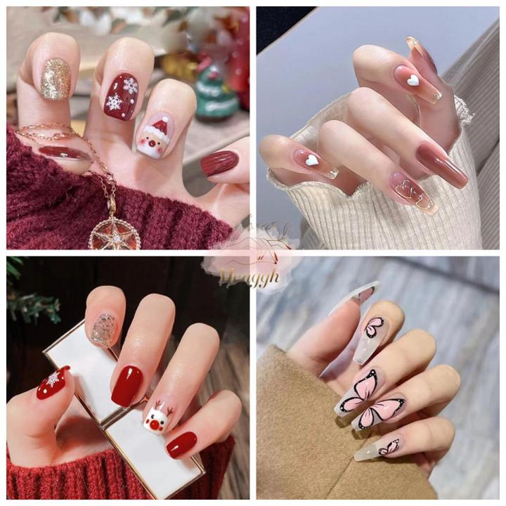 Menggh 24pcs With Glue Fake nails cute  pattern False nails With Design press on nails Artificial nails Full Cover water proof nail art