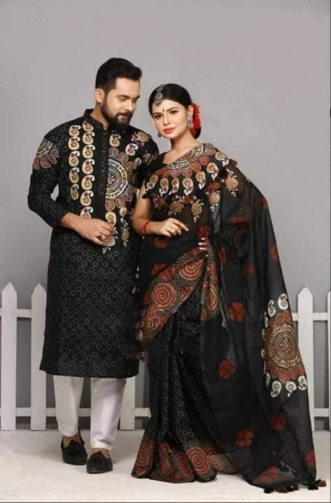 New Item Block Print Exclusive Designer Dhupiyan Saree And Dhupiyan Panjabi For Combo Couple Dress - Sharee For Women