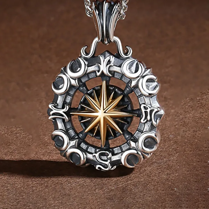 Nautical%20compass%20necklace%20men's%20fashion%20brand%20personality%20street%20eight-pointed%20star%20pendant%20vintage%20imitation%20Thai%20silver%20compass%20men's%20necklace%20-%20Image%202