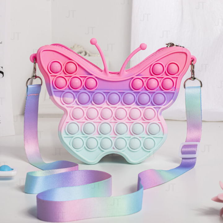 Butterfly with Rainbow Cloud Pop Itting Purse For Girls Sensory Fidget Toy Silicone Shoulder Bag Push