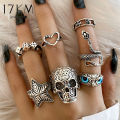 Exaggerated Punk Dark Skull Heart Snake Men Ring Set Vintage Spades A Drop Oil Owl Butterfly Silver Open Adjustable Ring. 