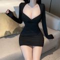 Western Style Fashion Long Sleeve Low-Cut Tight-Fitting Stretch Hip Skirt 2023 Spring and Autumn New Sexy Hot Girl Dress for Women.