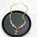 Hot Selling Alloy Vintage Pearl Cross Pendant With Punk Versatile Multi-layer Sweater Necklace For Women and Men. 