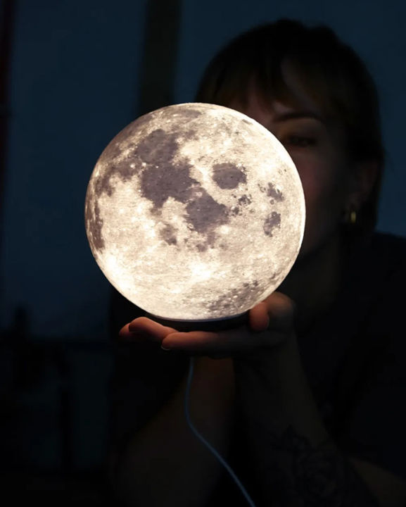 3D Printed Illuminated Moon Table Lamp - High-Resolution Surface, Textured Wavy Stand, Custom Sizes (6-Inch & 8-Inch)