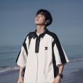 MIXGEORAContrast ColorpoloShirt Men's Summer Loose Half Zipper Short SleeveTShirt Versatile Casual Polo Collar T-shirt.