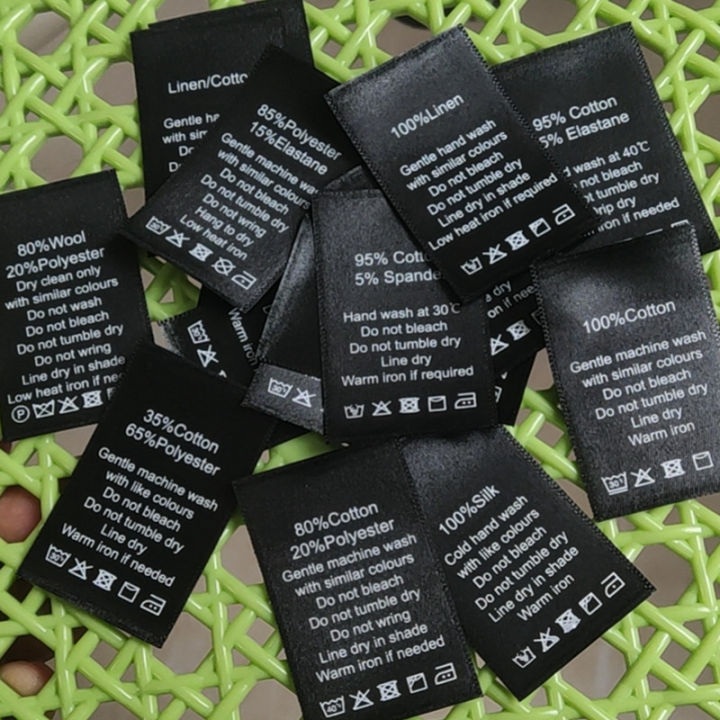 50PCS In stock Black Satin Care Label Washing Labels Cotton/Silk/Cashmere/Wool/Linen/Polyester/Chiffon Print Cloth Labels Amour zii