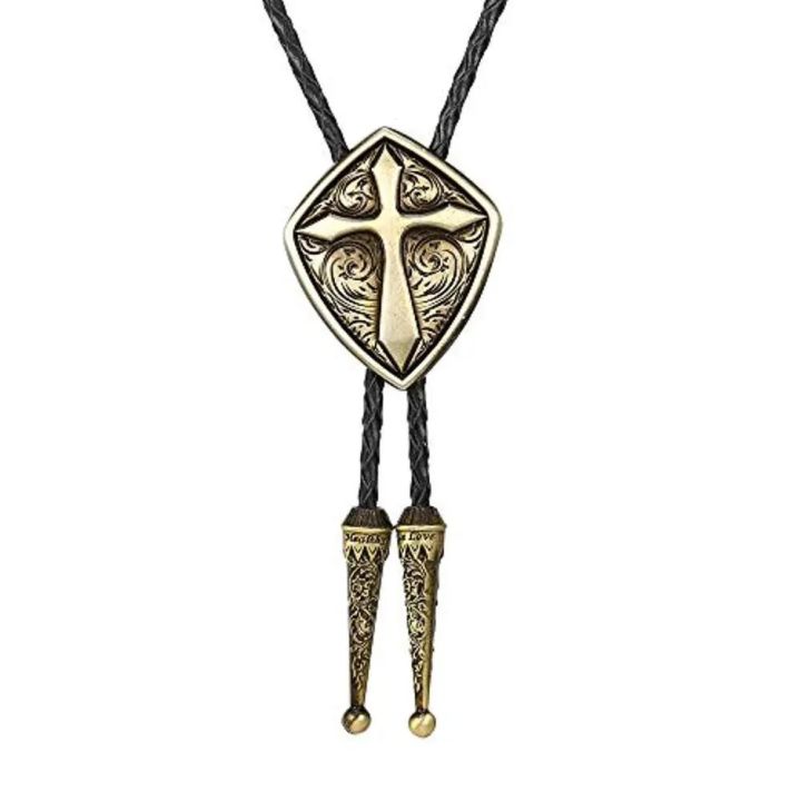 Gold%20Romen%20shield%20cross%20pattrn%20bolo%20tie%20for%20man%20Indian%20cowboy%20western%20cowgirl%20leather%20rope%20zinc%20alloy%20necktie%20-%20Image%206