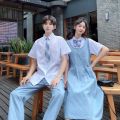 Couple Clothes Junior High School Student Shirt Suspender Long Skirt Summer Clothes2023New Korean Style Preppy Style Dress Suit. 