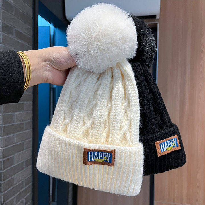 Knitted Cold Hats Faux Fur Embroidery Letter Beanie Women Soft