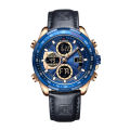 NAVIFORCE NF9197 Navy Blue PU Leather Dual Time Watch For Men - RoseGold & Navy Blue. 