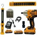 INGCO Cordless 2 Pcs Combo Kit Including 1pcs 20V 300Nm Brushless Lithium-ion Impact Wrench(CIWLI2038) ,1pcs Work Lamp,2 Pcs 2.0Ah Battery Pack,1 Pcs Charger and  Accessories(HWLI35261). 