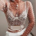 Womens Long Sleeve Sheer Mesh Tops Shiny Pearls Rhinestone O-Neck Pullover T-Shirts Blouse Slim Cover Up Party Clubwear. 