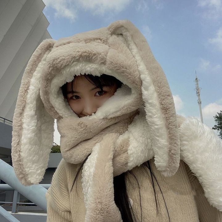 2022 New Fashion Scarf Hat Glove Women Cute Big Ear Bunny