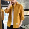 Japanese Style Casual Jacket Men Short-sleeved Shirt Men's Japanese Style Casual Cargo Shirt Coat with Turn-down Collar Three. 
