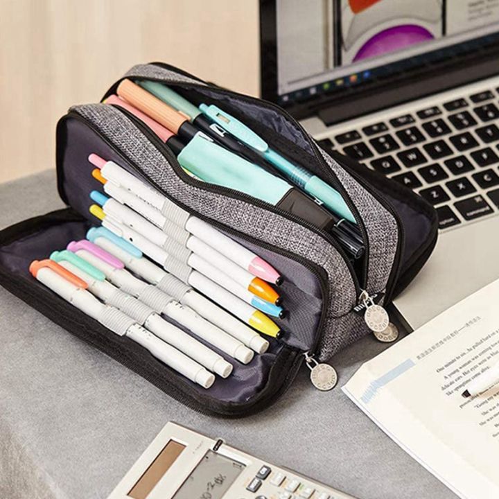 BRADOO-%20ANGOO%202%20Pcs%20Large%20Pencil%20Case%20Big%20Capacity%203%20Compartments%20Canvas%20Pencil%20Pouch,%20White%20Pink%20&%20Black%20-%20Image%203