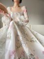 French Elegant Floral Midi Dress Chiffon Long Sleeve Evening Party Dress Woman Beach Fairy One Piece Dress Korean 2023 Summer. 