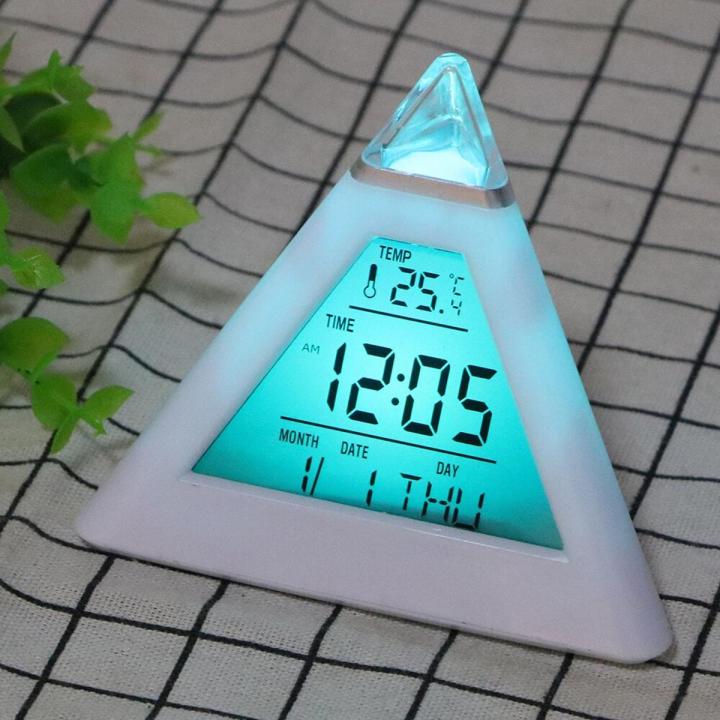 Pyramid Shaped LED Digital Alarm Clock 7 Color Changing Alarm Clock Pyramid Desk Clock With Temperature Display for Home and Office Desk Clock