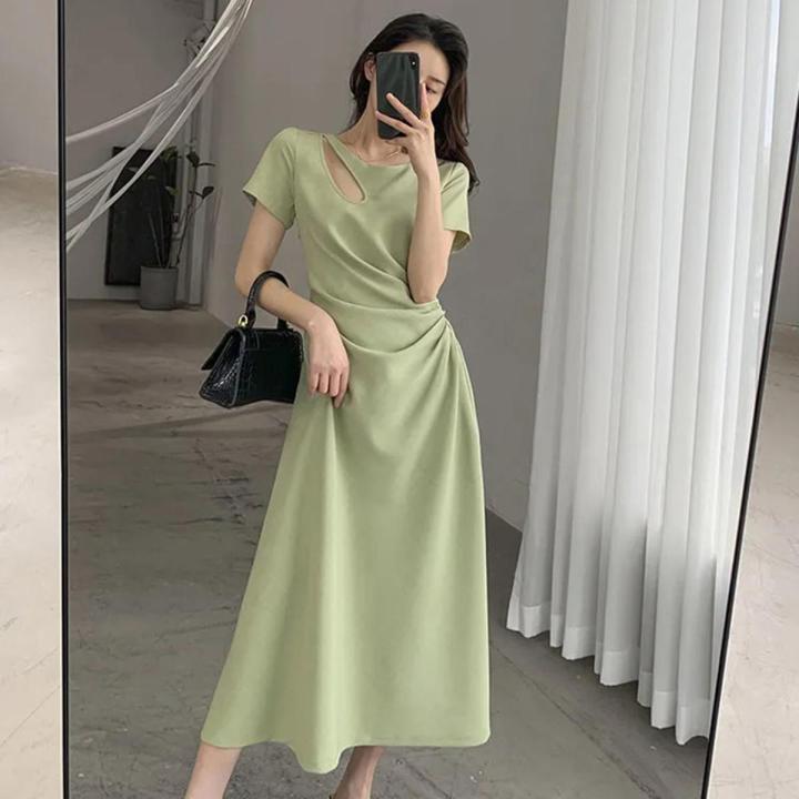 Lucyever Fashion Hollow Out Midi Dress for Women Korean Style High Waist Short Sleeve Dresses Woman Elegant Slim Fit Vestidos