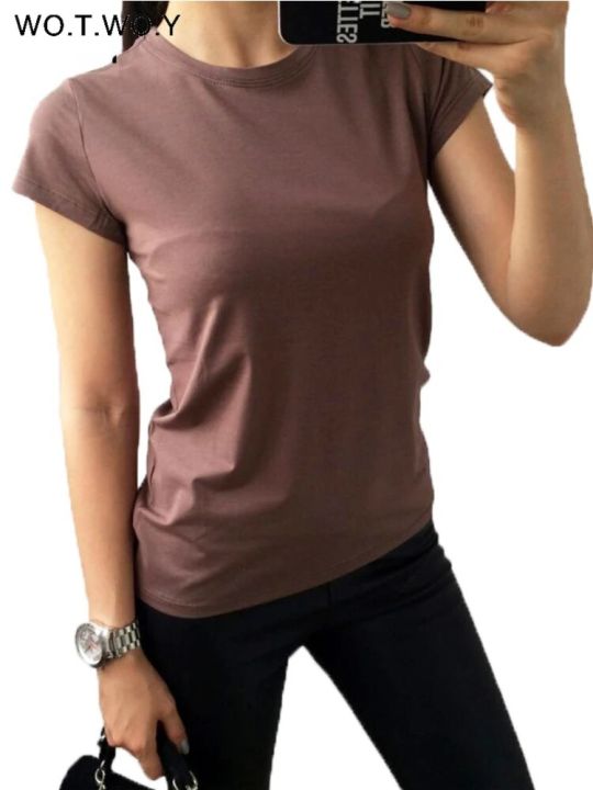 WOTWOY 2023 Summer Casual Solid Slim Fit T-shirts Women Cotton Basic T Shirt Female Knitted Tops Y2k Clothes Korean Fashion Tees