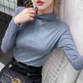 Double-Sided Dralon Bottoming Shirt Women's Half Turtleneck Autumn and Winter Shiny Long Sleeve T T-shirt Solid Color Slim Fit Warm Inner Wear Blouse. 