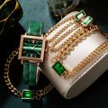 Ladies Fashion 5pcs Square Dial Wristwatch Set Women's PU Leather Strap Watch and Matching Jewelry Girl Waterproof and Durable Watches.
