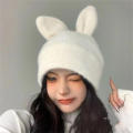 Cute Rabbit Ears Knitted Hats For Women Autumn Winter Warm Panama Soft Rabbit   Beanie Cap Girls Ski Hat. 