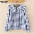 Women Plaid Shirt Long Sleeve Spring Summer Tops Ladies Japanese Mori Girl Peter pan Collar Cute Baby doll Cotton White Blouses. 