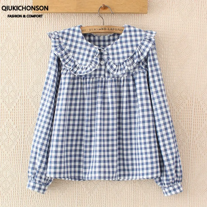 Women%20Plaid%20Shirt%20Long%20Sleeve%20Spring%20Summer%20Tops%20Ladies%20Japanese%20Mori%20Girl%20Peter%20pan%20Collar%20Cute%20Baby%20doll%20Cotton%20White%20Blouses%20-%20Image%203