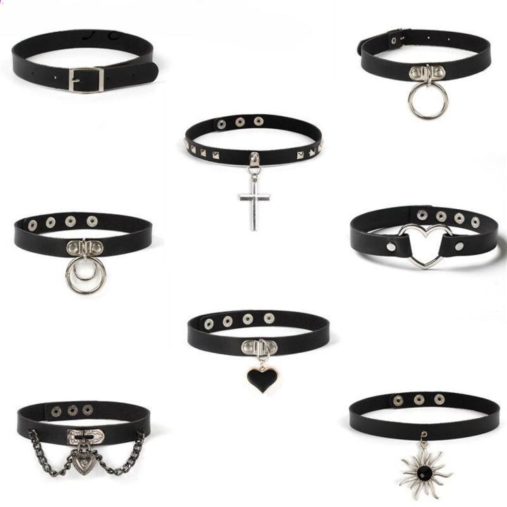 Kalung Choker Gotik Untuk Wanita Gadis, Kalung Choker Hitam Leher Punk Hip-Hop Kulit Keling Kerah Keren