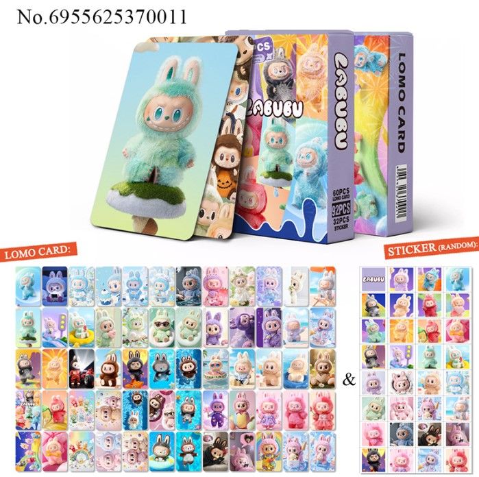 60PCS Lomo Card + 32PCS Stickers 92PCS/BOX Anime Labubu Double Sided Printed Cards with Box