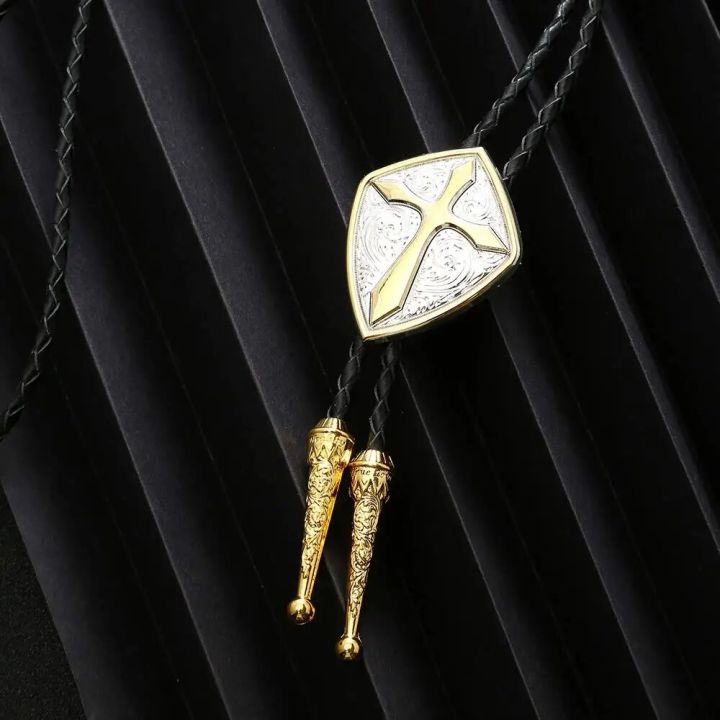 Gold%20Romen%20shield%20cross%20pattrn%20bolo%20tie%20for%20man%20Indian%20cowboy%20western%20cowgirl%20leather%20rope%20zinc%20alloy%20necktie%20-%20Image%203