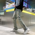 Side Slit Zipper Pierced Jeans Men's Straight Tube Micro Flared Pants Autumn American High Street Vibe Fashion Zipper Hem Jeans. 