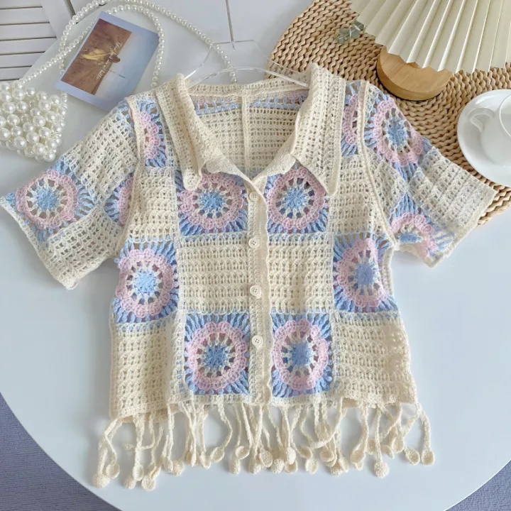 %E3%80%90Factory-direct%E3%80%91%20Granny%20Square%20Crochet%20Top%20Short%20Sleeve%20Collared%20Button%20Down%20Open%20Knit%20Crop%20Cardigan%20for%20Women%20Teengirl%20Boho%20Vintage%20Outfit%20-%20Image%206